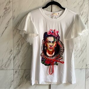 NEW Frida Kahlo Tulle Ruffle Short Sleeve Graphic Tee SZ S